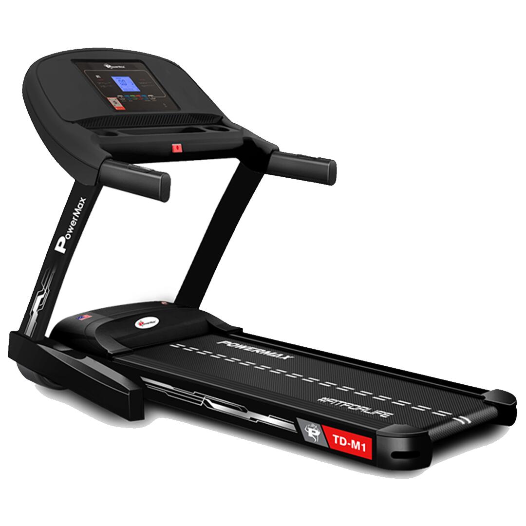 PowerMax Fitness TD-M1 (4HP Peak) Pre-installed Motorized Foldable Treadmill for Home Use | Manual-Incline Treadmill | Semi-Auto Lubrication | Multifunction Console LCD Display, BT, Speaker, MP3, AUX image 1